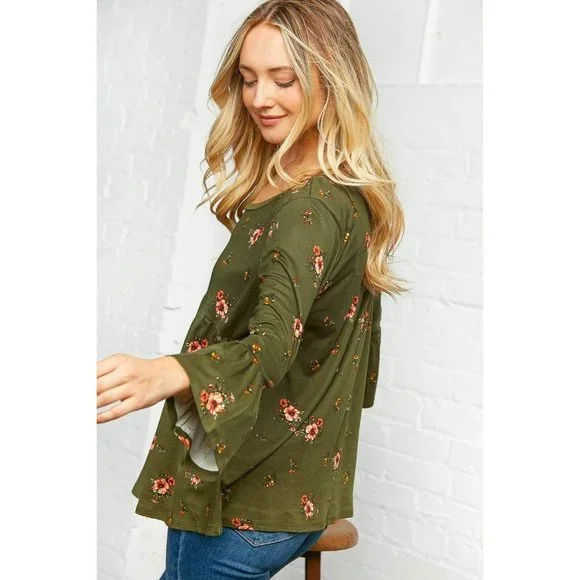 Olive Floral Bell Sleeve Babydoll Peplum Top - Picture 5 of 11